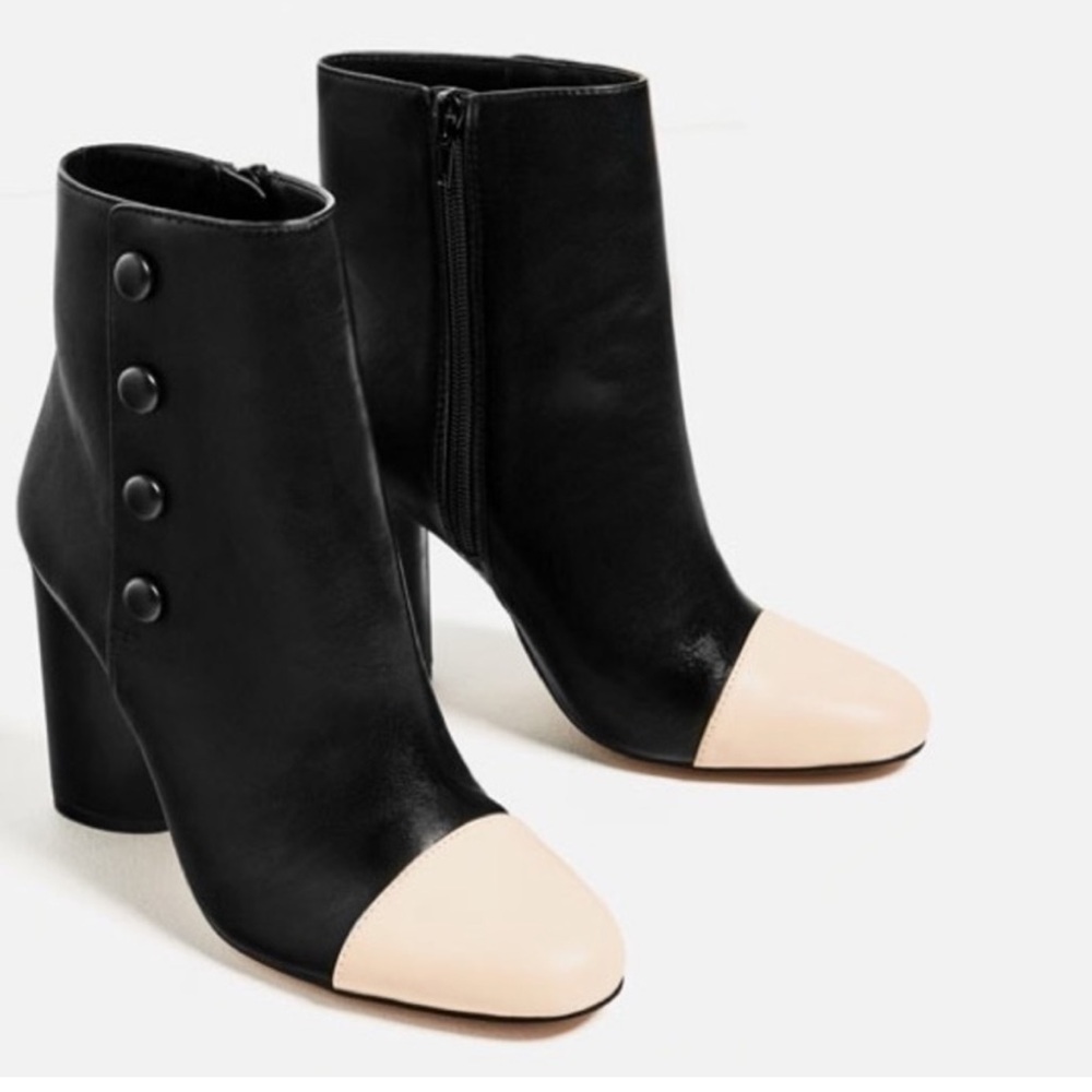 Zara Black High Heel Ankle Boots with Cream Capped Toe